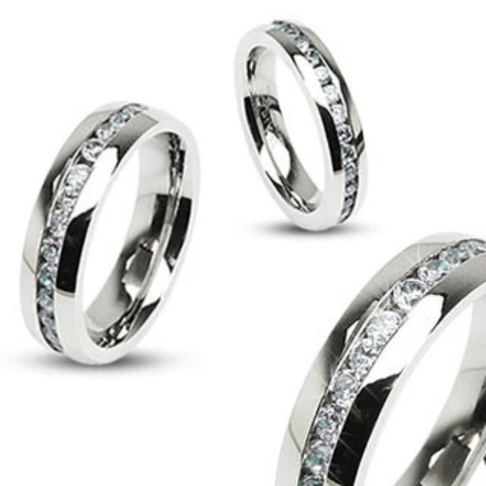 Stunning Cz Eternity Ring In Mirror Polished Stainless Steel With Beveled Edge